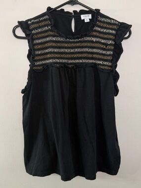 J.Crew Black Smocked Embroidered Blouse Ruffle Sleeve Medium Flowy Top